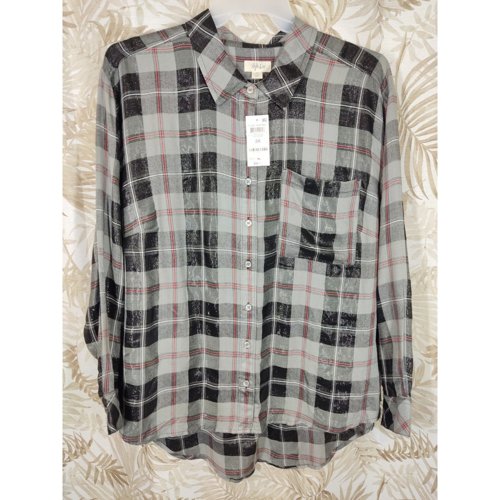 Style & Co Plus‎ Size Boyfriend Sparkle Shirt Deep Black Plaid Size 3X